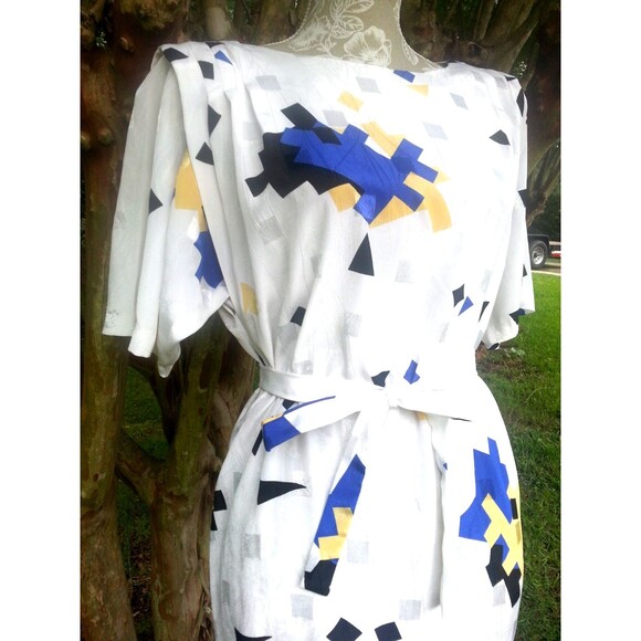 VTG Boxy Geometric shiny square abstract kimono art deco 80s belt shift Dress L - Picture 7 of 11